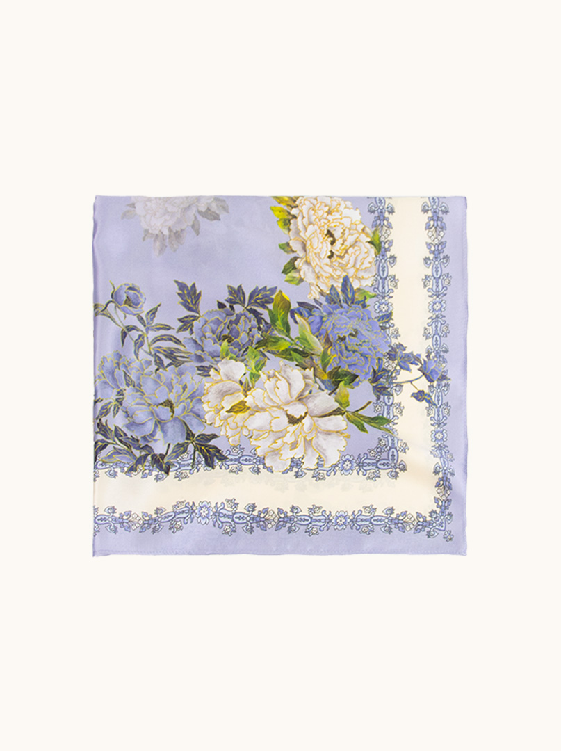 Apaszka fioletowa w kwiaty z kremową obwódką ze wzorem 68x68cm zdjęcie 4