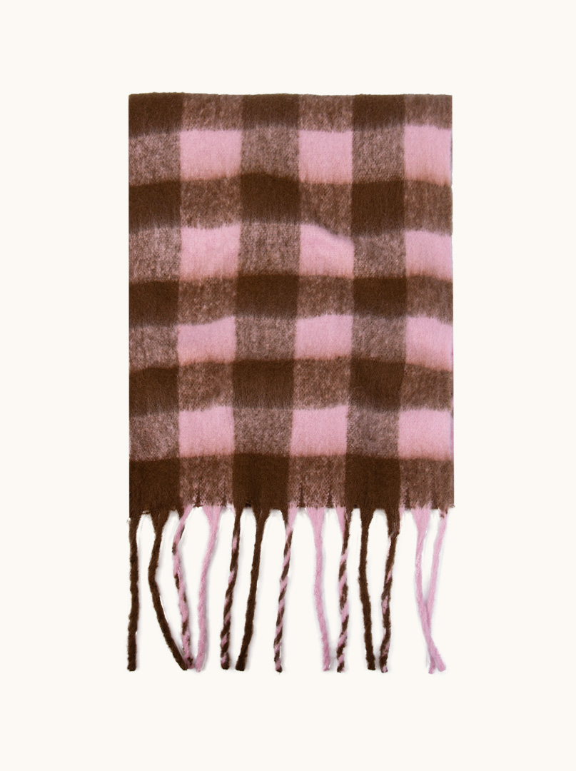 Gruby ciepły w kratę różowo-brązową z frędzlami  40 cm x 200 cm PREMIUM zdjęcie 2