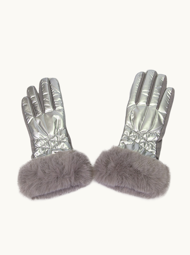 Rękawiczki srebrne dzianinowe pikowane połyskujące z ozdobnym futerkiem zdjęcie 2