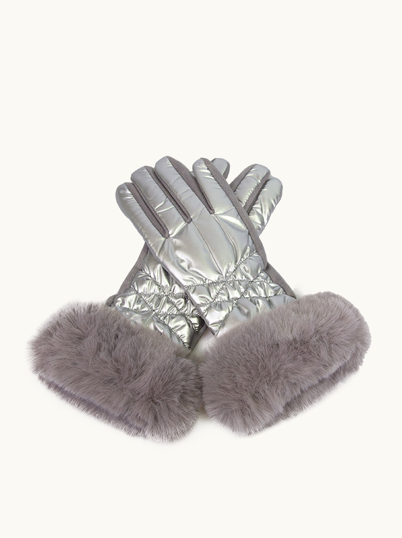 Rękawiczki srebrne dzianinowe pikowane połyskujące z ozdobnym futerkiem zdjęcie 1