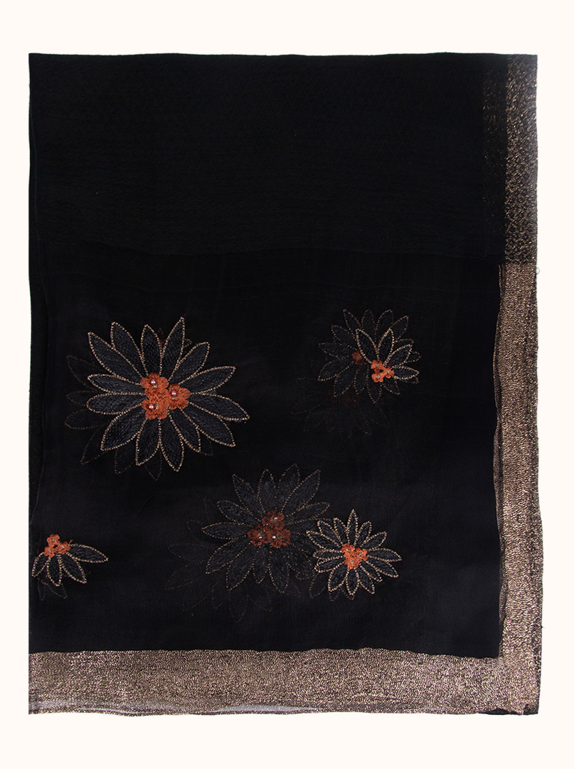 Black evening scarf with tempered flowers, 70 cm x 190 cm image 2