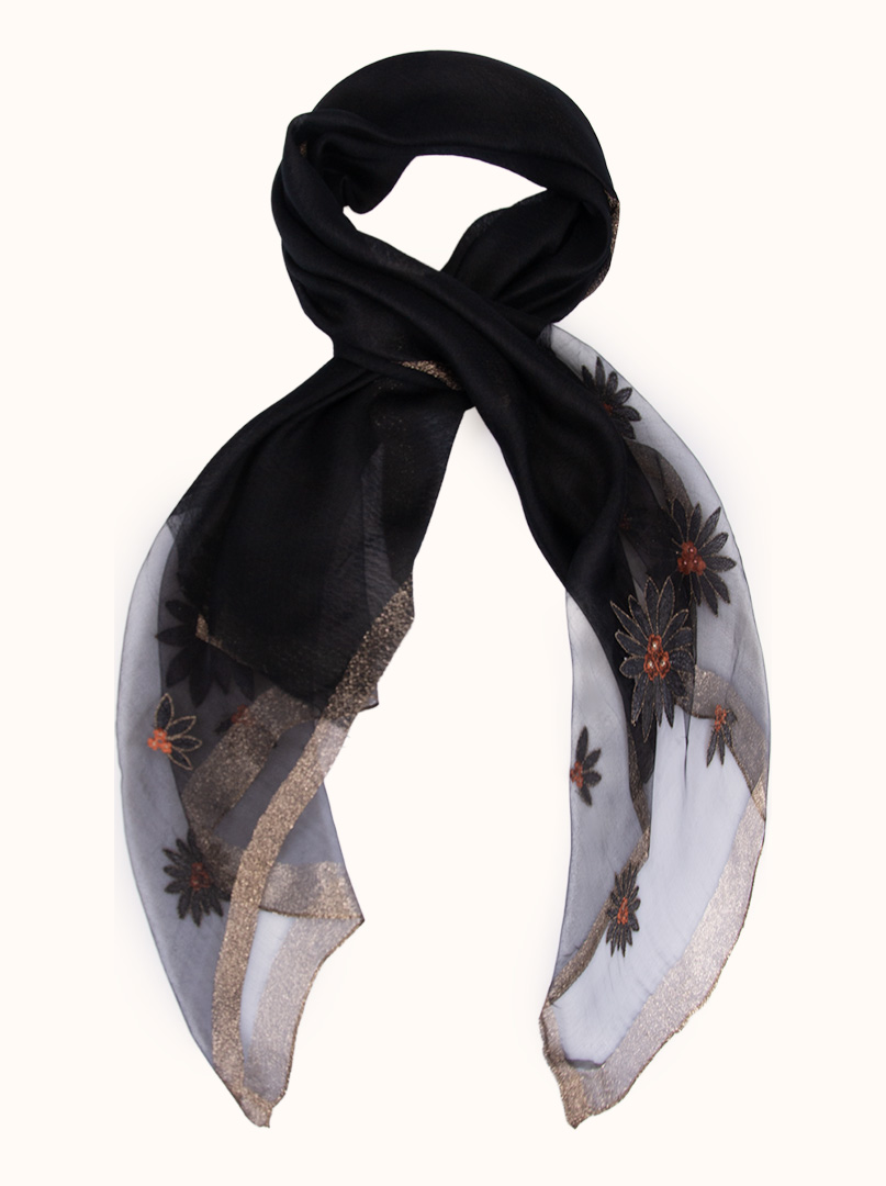 Black evening scarf with tempered flowers, 70 cm x 190 cm image 1