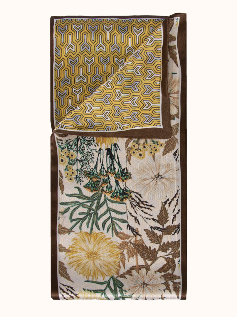 Dwustronny wąski szal z podwójnego jedwabiu  we wzory i kwiaty 16x145cm zdjęcie 3