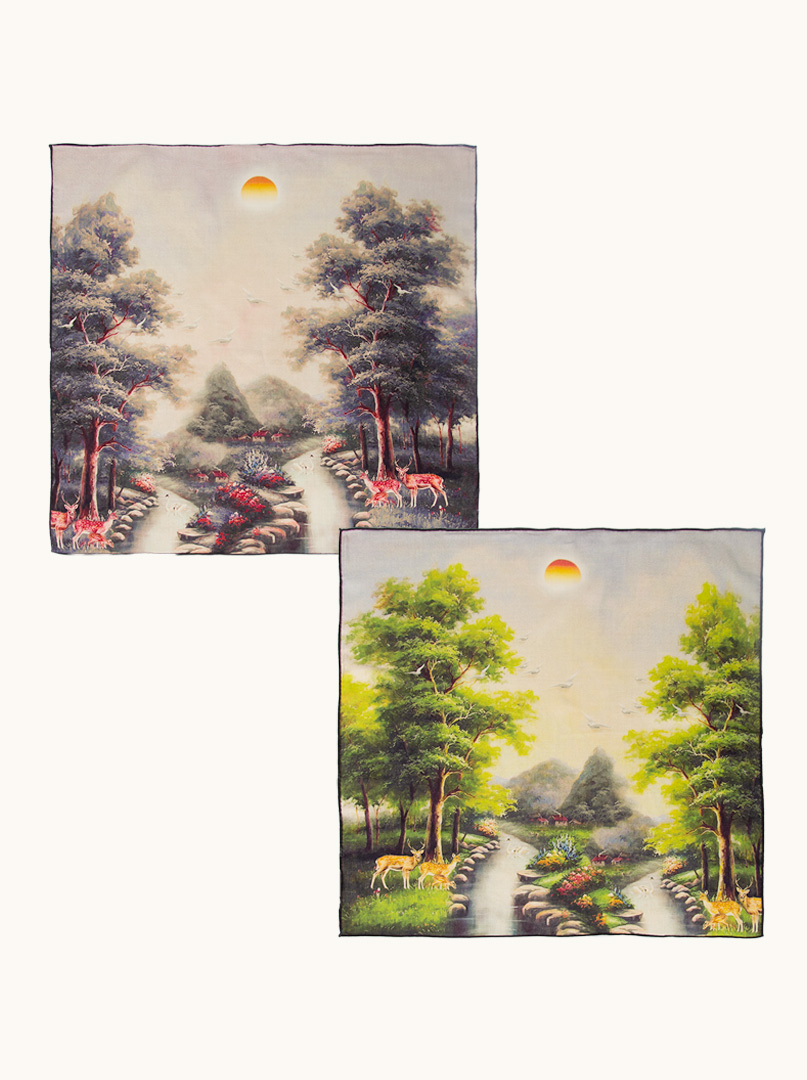 Medium double-sided scarf in silk and wool landscape image 2