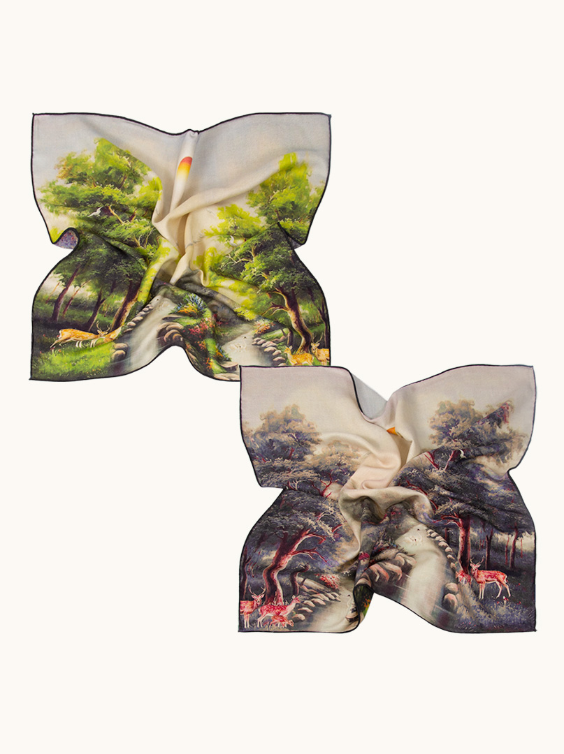 Medium double-sided scarf in silk and wool landscape image 3