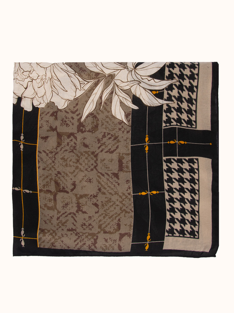 Light viscose scarf in shades of brown and black with a floral motif and houndstooth pattern, 80 cm x 180 cm image 2