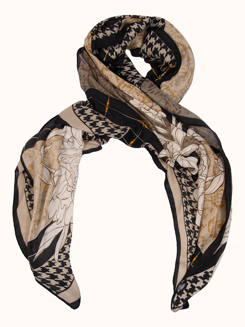 Light viscose scarf in shades of brown and black with a floral motif and houndstooth pattern, 80 cm x 180 cm image 1