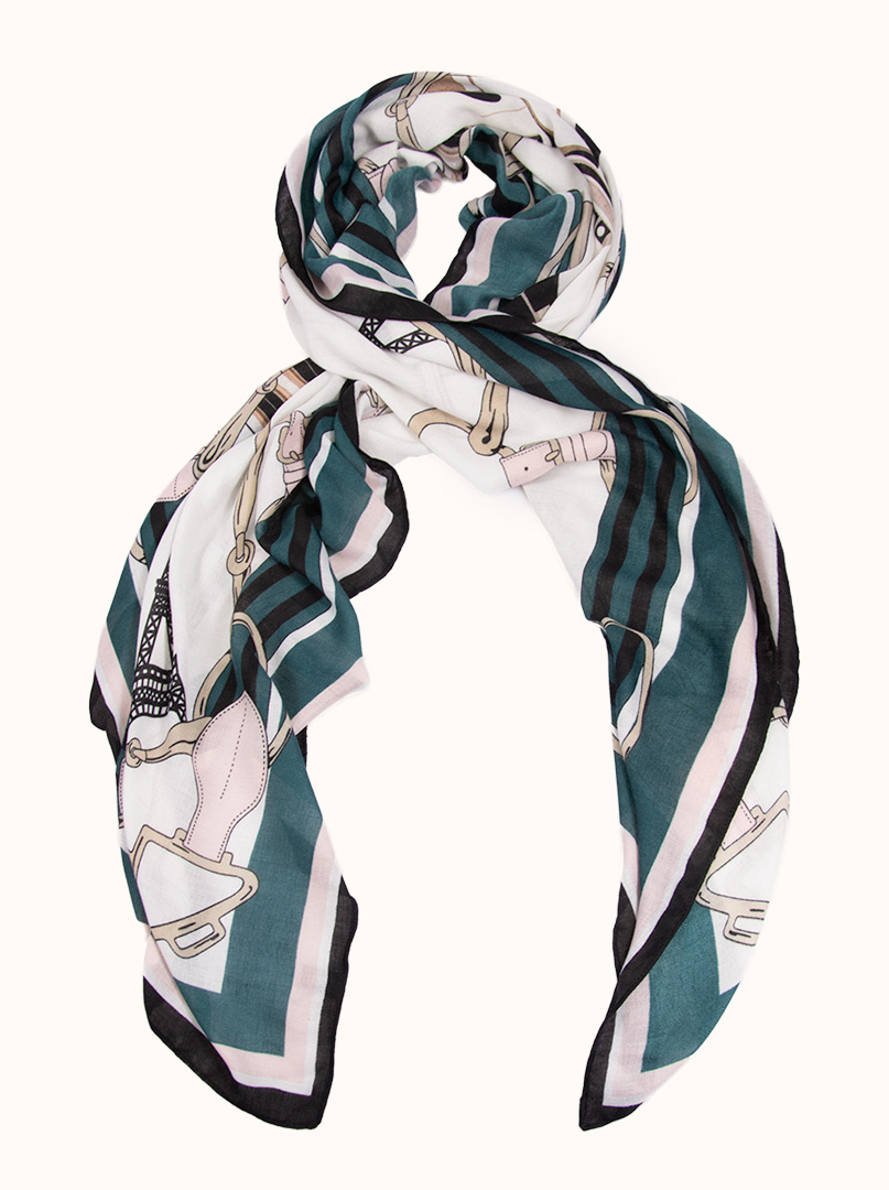 Light viscose scarf in shades of green, pink and black with a riding pattern, 80 cm x 180 cm image 1