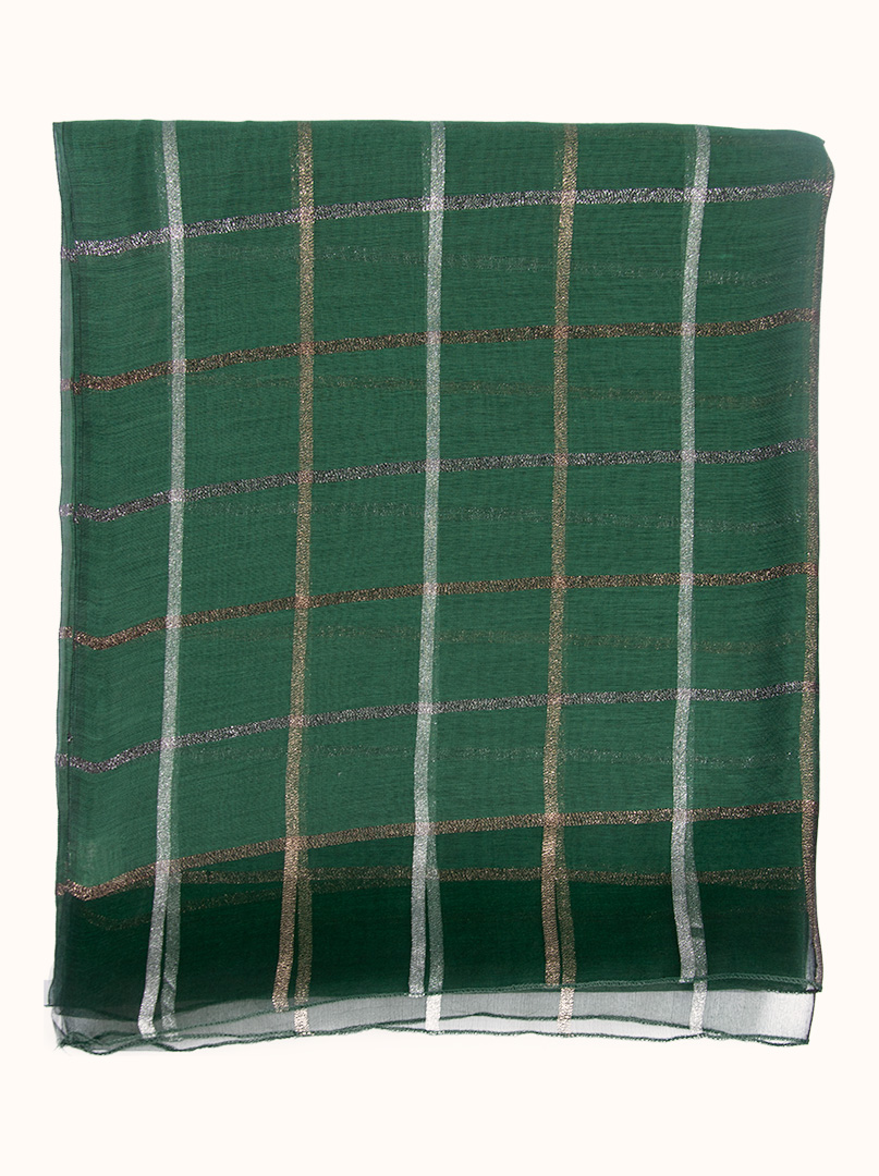 Green formal scarf with a check pattern, 65 cm x 185 cm image 2