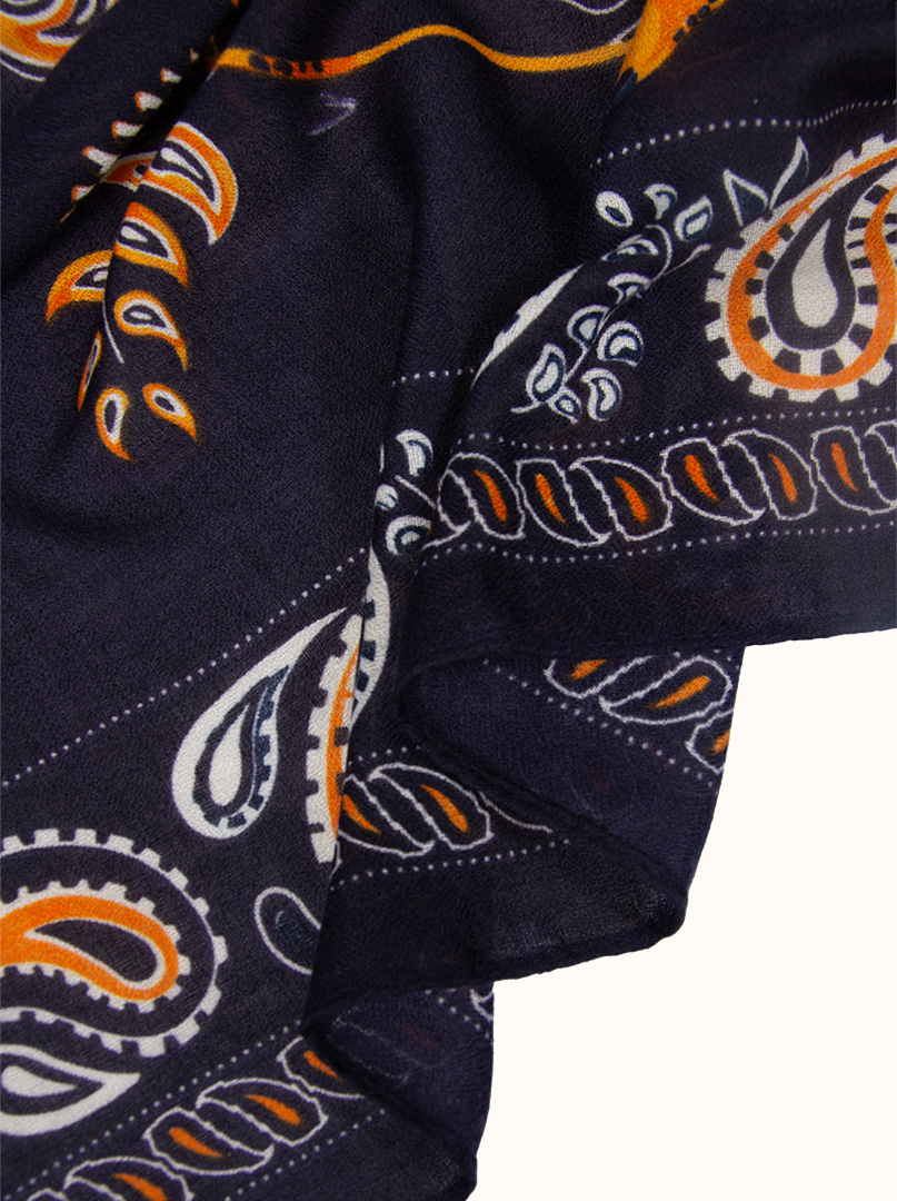 Light navy blue viscose scarf with orange, white and folk patterns, 80 cm x 180 cm image 4