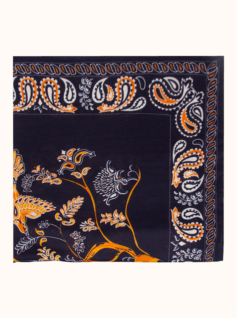 Light navy blue viscose scarf with orange, white and folk patterns, 80 cm x 180 cm image 2
