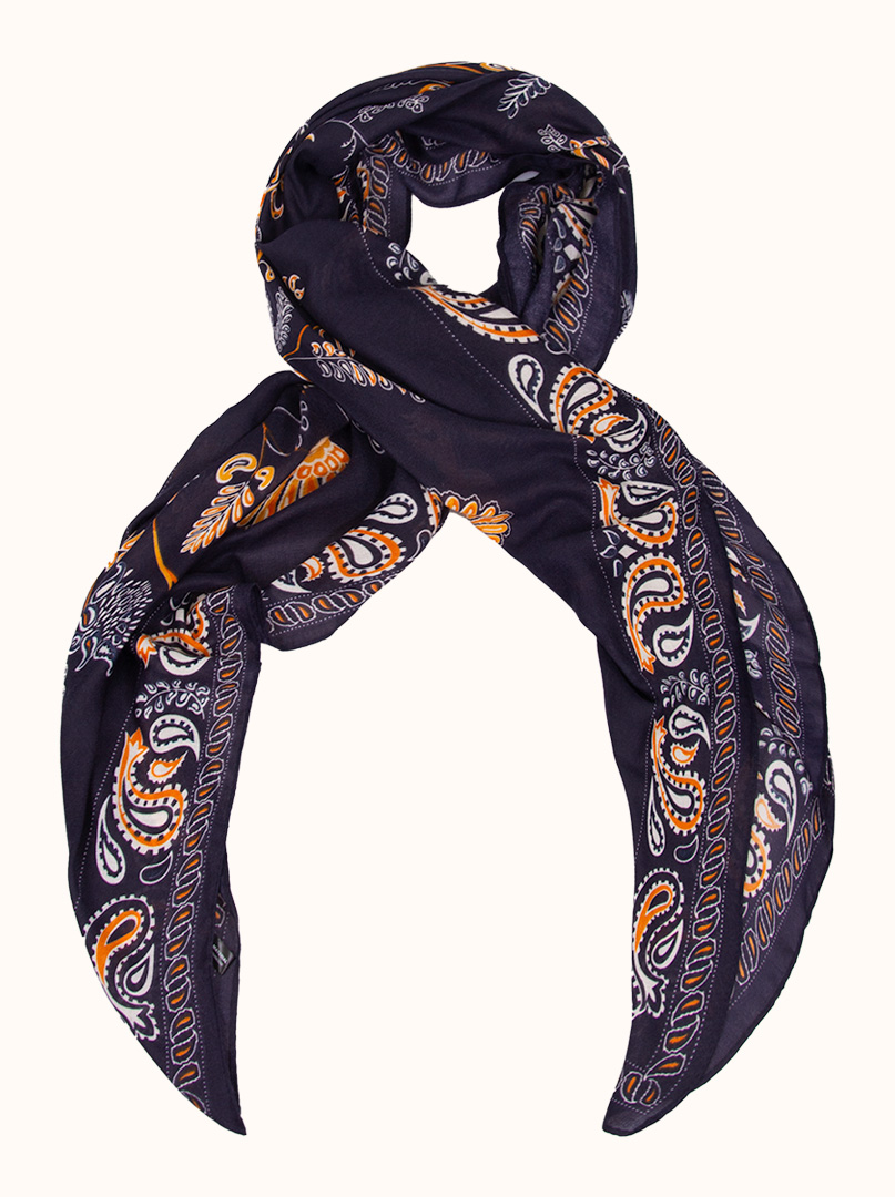 Light navy blue viscose scarf with orange, white and folk patterns, 80 cm x 180 cm image 1