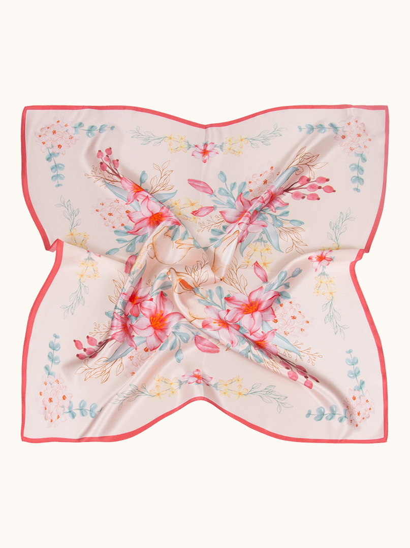Pink silk scarf with flower motif  70x70 cm image 1