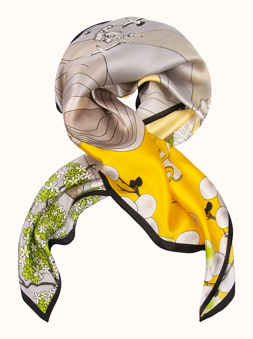 Silk scarf in shades of yellow and gray 90 cm x 90 cm image 1