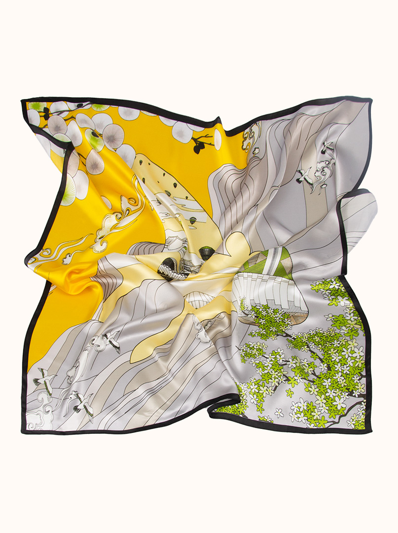 Silk scarf in shades of yellow and gray 90 cm x 90 cm image 2