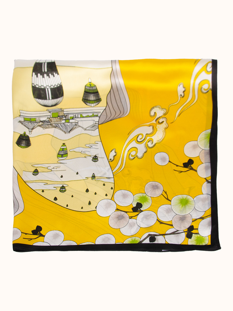 Silk scarf in shades of yellow and gray 90 cm x 90 cm image 3