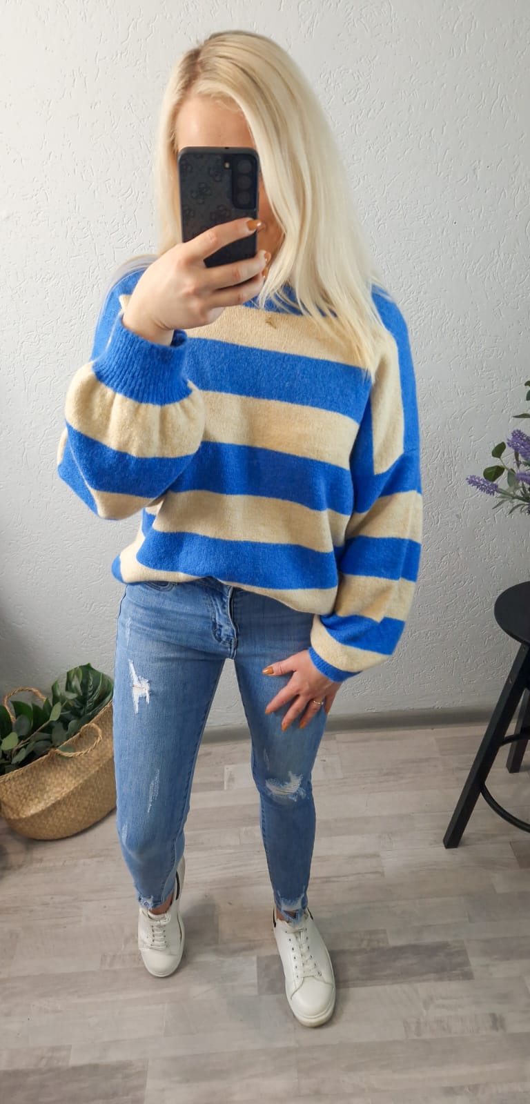 Sweter Stripes Beżowo Niebieski zdjęcie 1