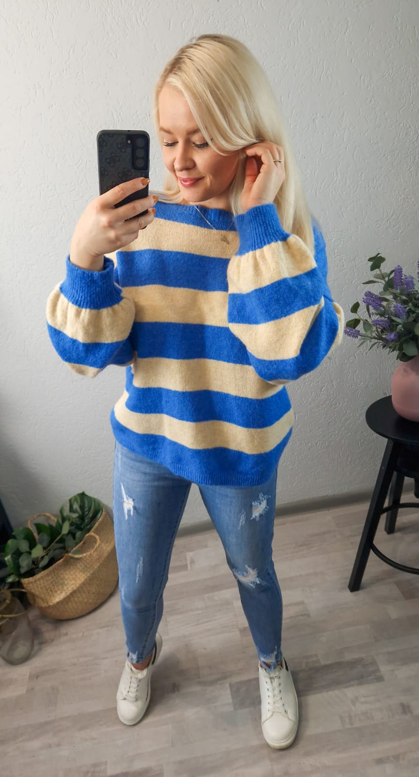 Sweter Stripes Beżowo Niebieski zdjęcie 4