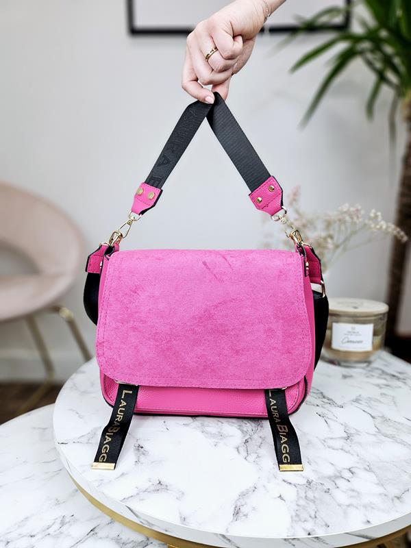 Różowa torebka Laura Biaggi z zamszową klapką i z paseczkami zdjęcie 1