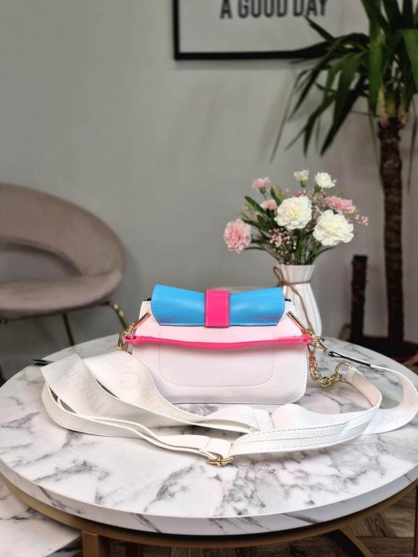 HIT piękna mini torebka Massimo Contti biały-różowy-niebieski z pasem na klapce zdjęcie 3
