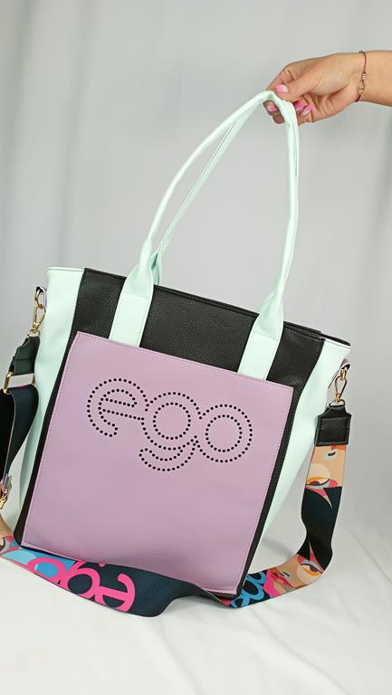 Duża torebka EGO z ażurowym logo w kolorze czarnym z dodatkiem mięty i lawendy zdjęcie 2