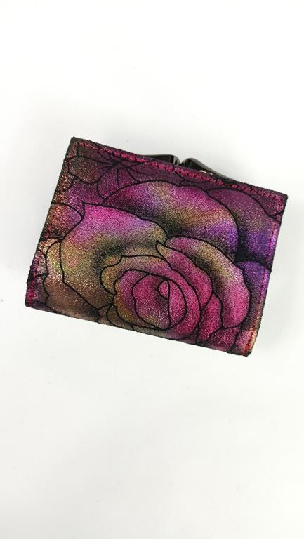 Mini portfel z klapką Lorenti różowy w róże skóra naturalna zdjęcie 2