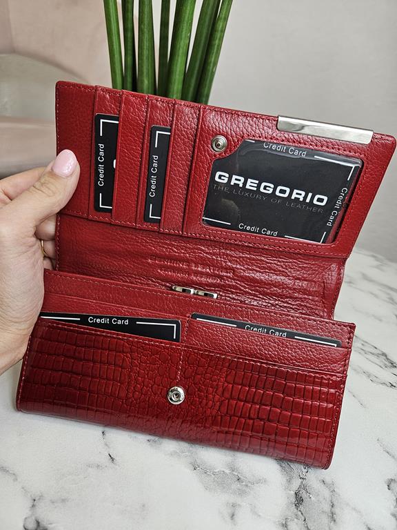 Duży portfel Gregorio czerwony z delikatnym wytłokiem i z zapięciem na bigiel w środku skóra naturalna zdjęcie 3