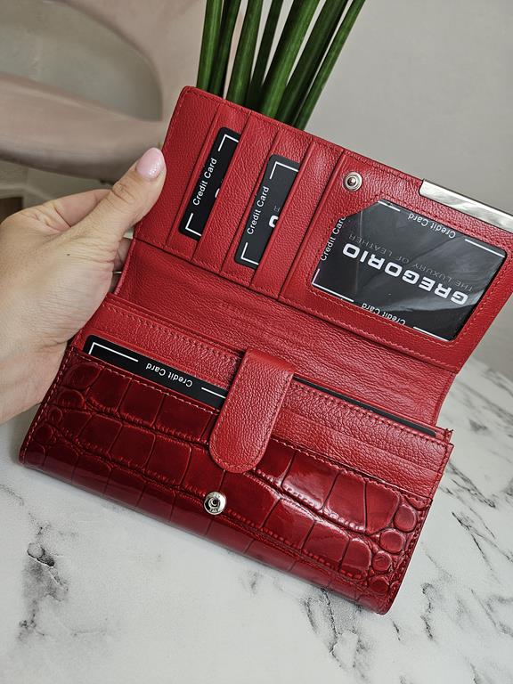 Duży portfel Gregorio czerwony z wytłokiem i kieszonką z tyłu skóra naturalna zdjęcie 3