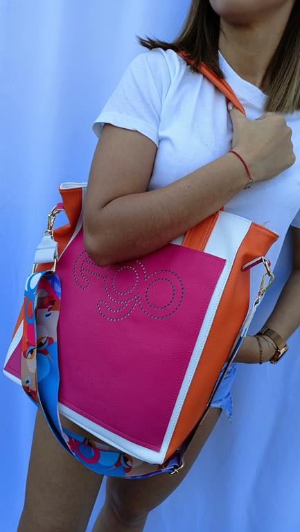 Duża torebka EGO z ażurowym logo w kolorze biała z dodatkiem różu i pomarańczy zdjęcie 1