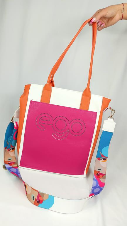 Duża torebka EGO z ażurowym logo w kolorze biała z dodatkiem różu i pomarańczy zdjęcie 2