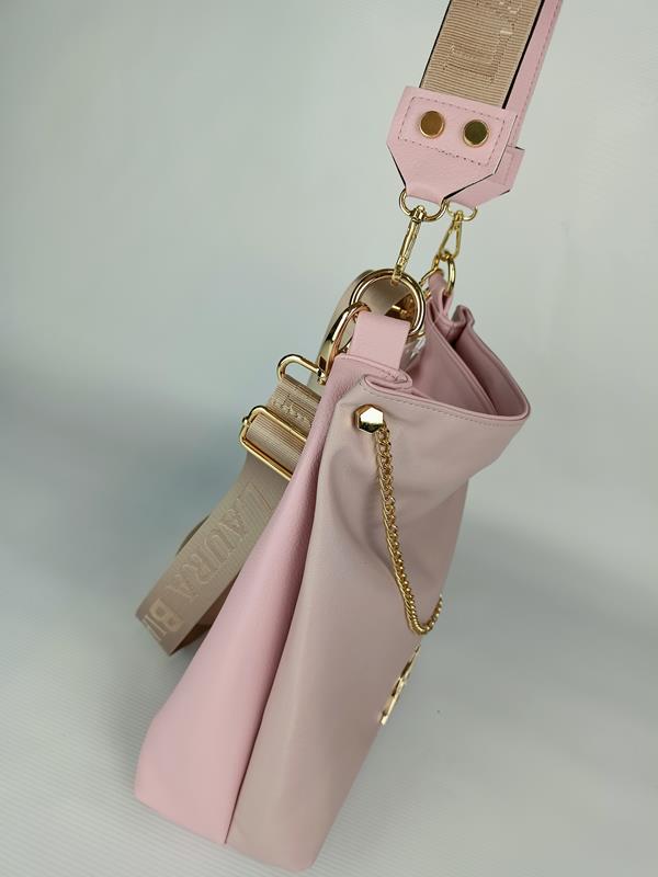 Piękna shopperka Laura Biaggi jasno-różowa z łańcuszkiem połączenie zamszu i ekoskóry zdjęcie 3