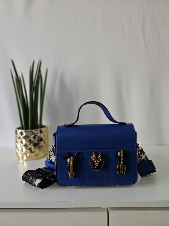 HIT piękna torebka EGO kobaltowa z klapką i z azteckimi postaciami skóra naturalna zdjęcie 4
