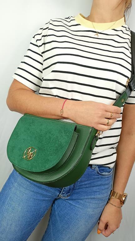 Piękna półokrągła zielona torebka Laura Biaggi z zamszową klapką z przodu zdjęcie 1