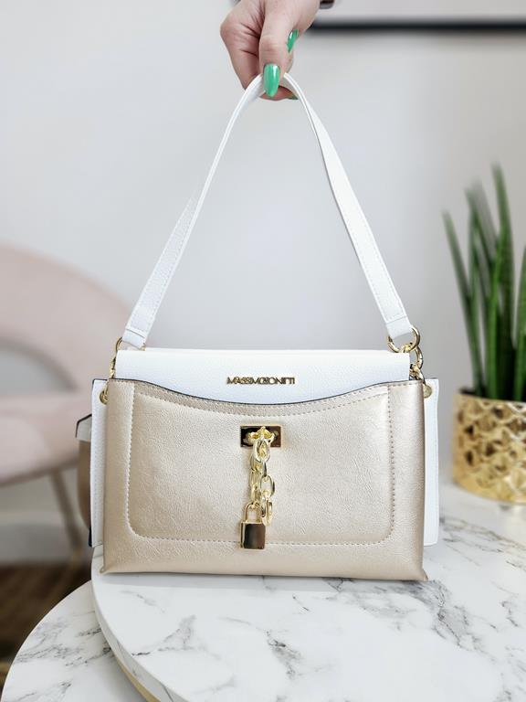 Świetna trzykomorowa torebka Massimo Contti w kolorze białym ze złotą kieszonką z przodu zdjęcie 1