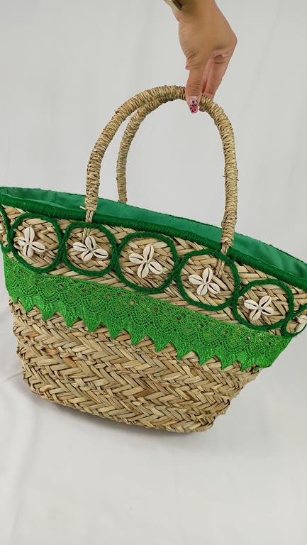 HIT piękny słomkowy koszyk z dodatkiem zieleni i z muszelkami oraz delikatną koronką zdjęcie 2