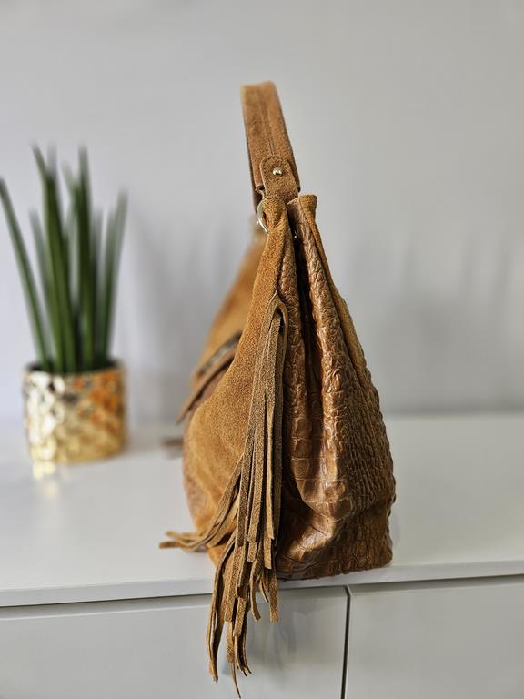 HIT piękna duża ruda torebka z frędzlami od Massimo Contti  skóra naturalna zdjęcie 4