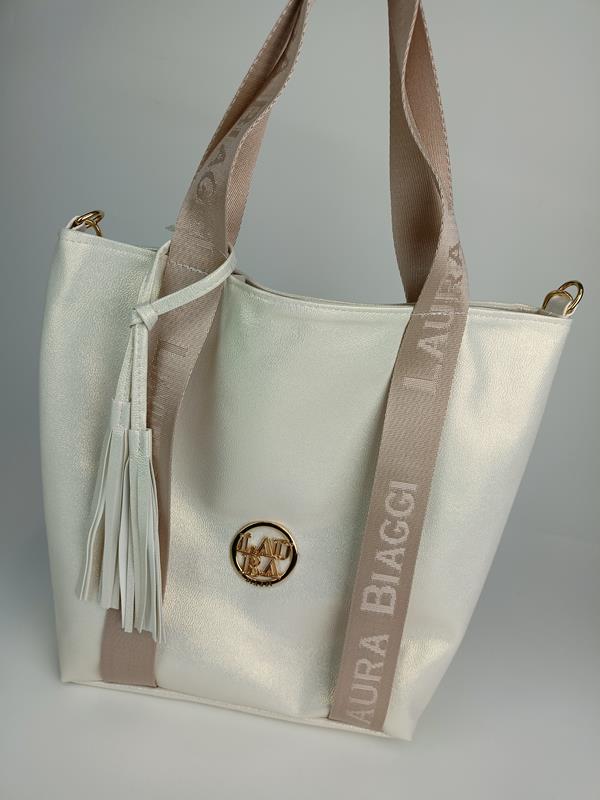 Biała brokatowa torebka Laura Biaggi z dodatkiem sportowych pasów zdjęcie 1