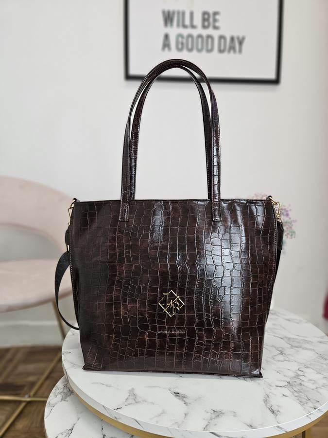 Fajna duża klasyczna torebka Laura Biaggi w kolorze brązowym z wytłokiem kroko zdjęcie 3