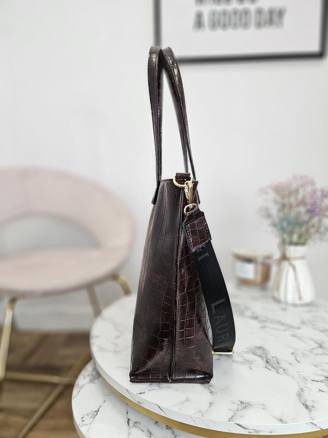 Fajna duża klasyczna torebka Laura Biaggi w kolorze brązowym z wytłokiem kroko zdjęcie 4