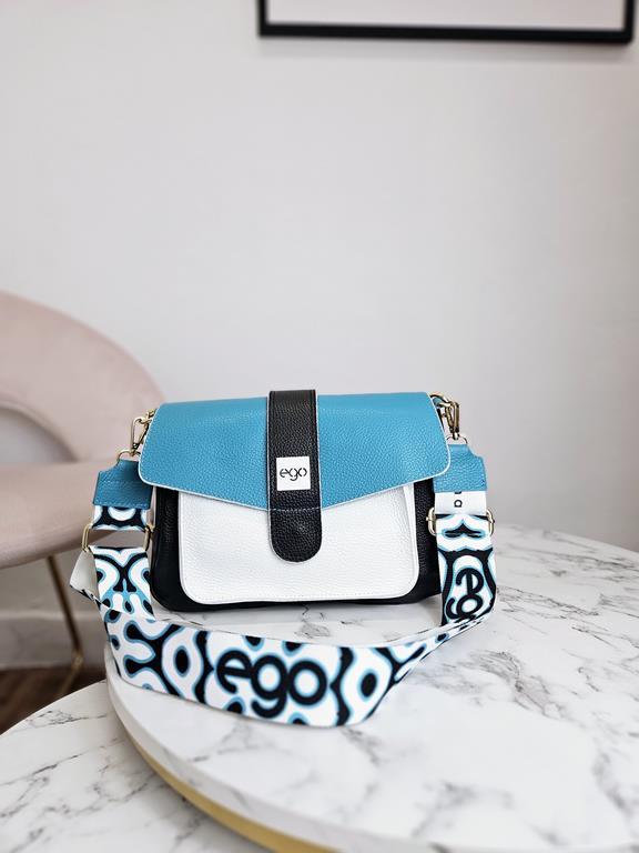 HIT piękna torebka EGO w kolorze czarnym z białą kieszonką i niebieską klapką skóra naturalna zdjęcie 2