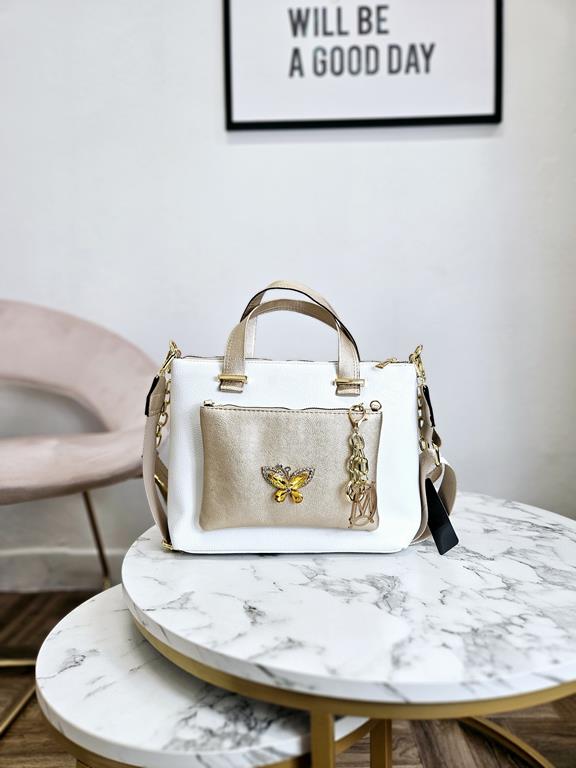 Świetna biała torebka Massimo Contti  z odpinaną złotą kieszonką i z motylem zdjęcie 1