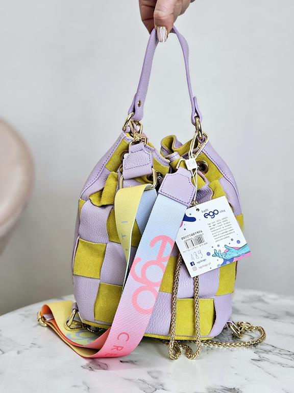 Świetny torebko-plecak EGO przeplatany fiolet-musztarda skóra naturalna zdjęcie 3