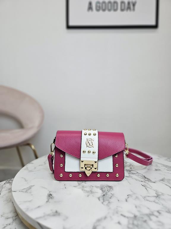 HIT piękna mała torebka Massimo Contti z ćwiekami w kolorze różowym z dodatkiem bieli skóra naturalna zdjęcie 2