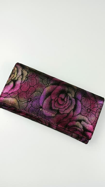 Duży portfel PETERSON różowy w róże z zapięciem na zatrzask z tyłu skóra naturalna zdjęcie 1