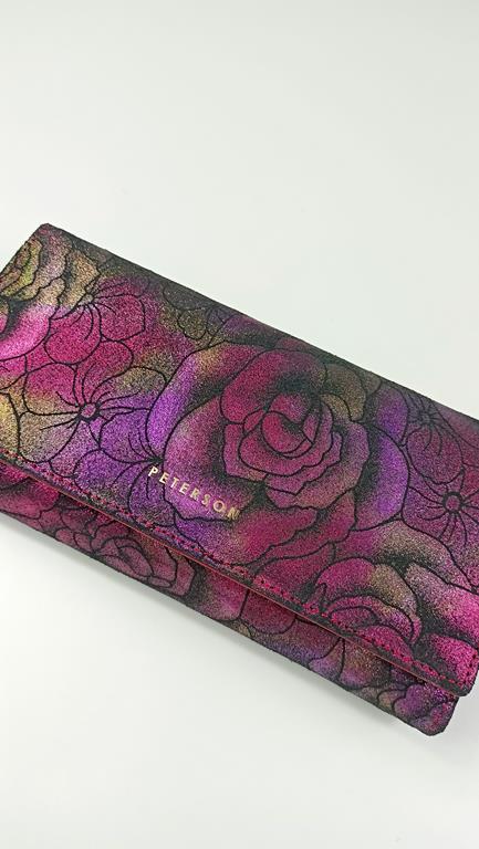 Duży portfel PETERSON różowy w róże z zapięciem na zatrzask z tyłu skóra naturalna zdjęcie 2