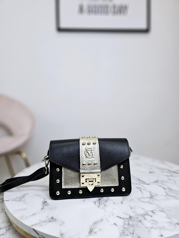 HIT piękna mała torebka Massimo Contti z ćwiekami w kolorze czarnym z dodatkiem złota skóra naturalna zdjęcie 2