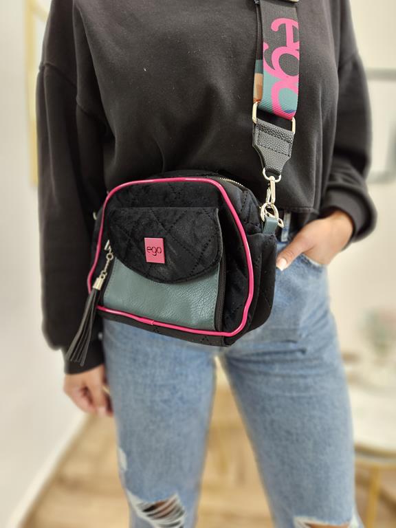 HIT piękna welurowa torebka EGO z kieszonką z przodu w kolorze czarnym z dodatkiem różu zdjęcie 1