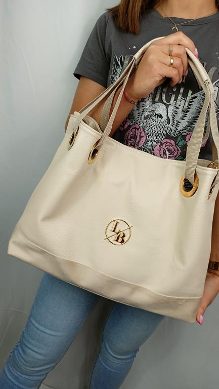HIT świetna shopperka Laura Biaggi beżowa z ozdobnym zamszowym pasem na dole ze złotym logo zdjęcie 1