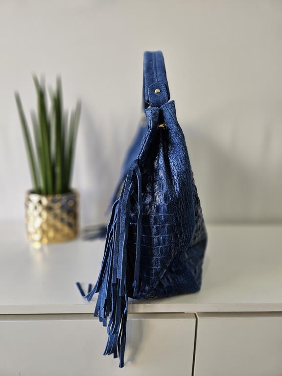 HIT piękna duża niebieska torebka z frędzlami od Massimo Contti  skóra naturalna zdjęcie 4