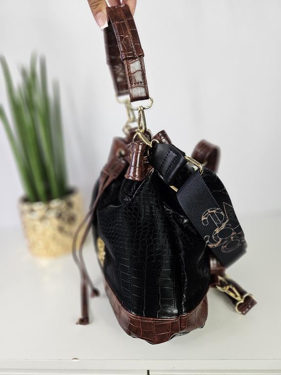 Piękny sakiewkowy torebko-plecak EGO w kolorze czarnym z dodatkiem brązu zdjęcie 2